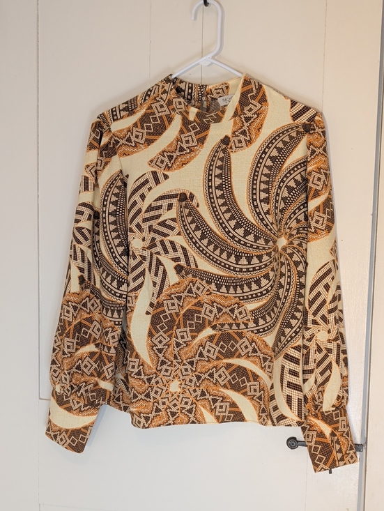 Rachel Zoe Tops - Rachel Zoe Blouse Brown Cream Tan Aztec Swirl-Print Long Gathered Sleeve L Top